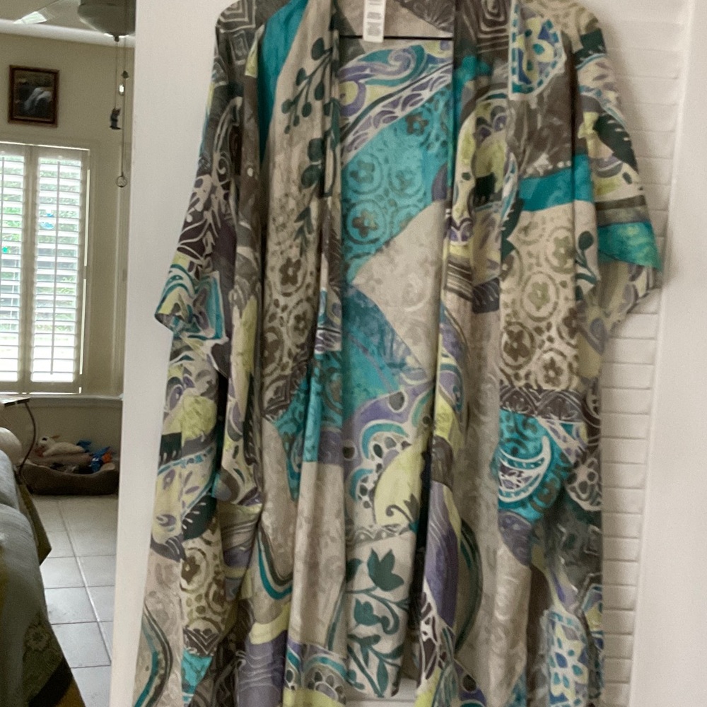 Chico's Teal, Gray & Lime Floral Open-Front Kimono